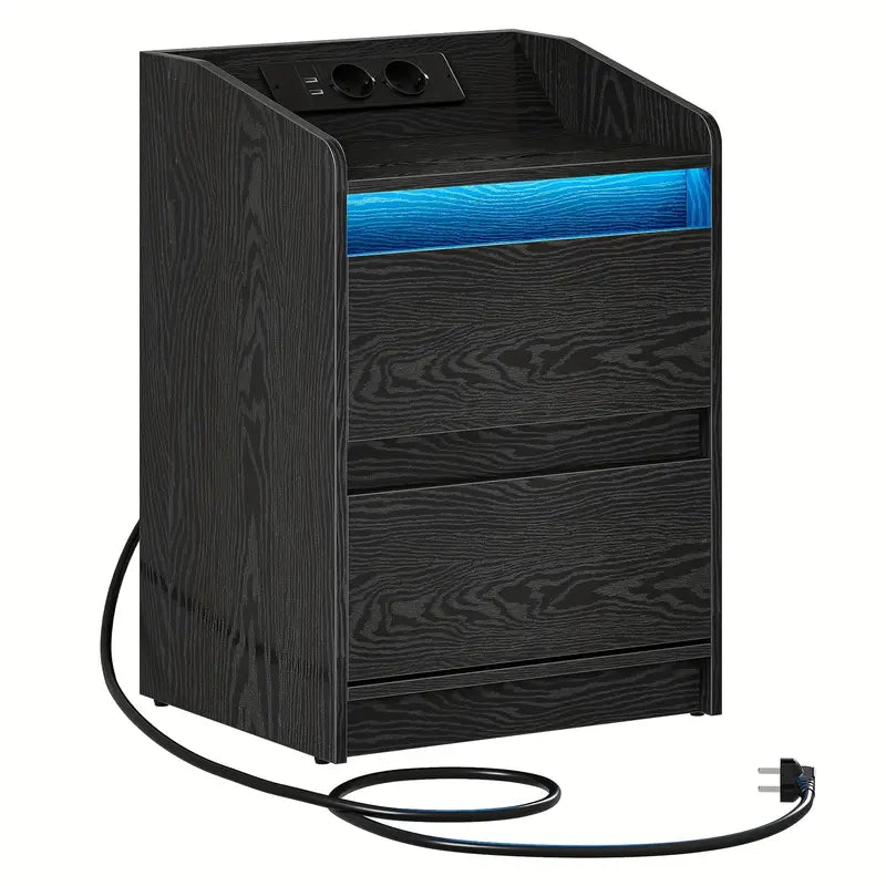 Modern LED Nightstand with Built-In Power Outlets – 2-Drawer Bedside Table with Charging Station & Ambient Light