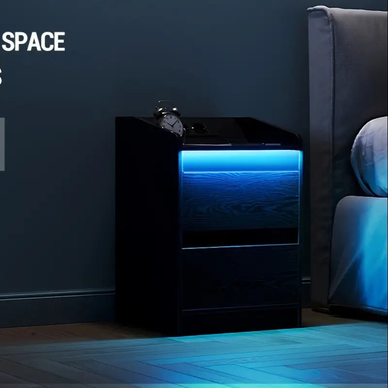 Modern LED Nightstand with Built-In Power Outlets – 2-Drawer Bedside Table with Charging Station & Ambient Light