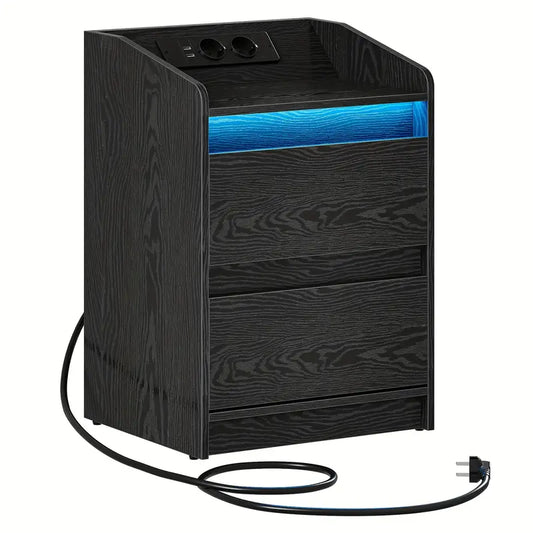 Modern LED Nightstand with Built-In Power Outlets – 2-Drawer Bedside Table with Charging Station & Ambient Light