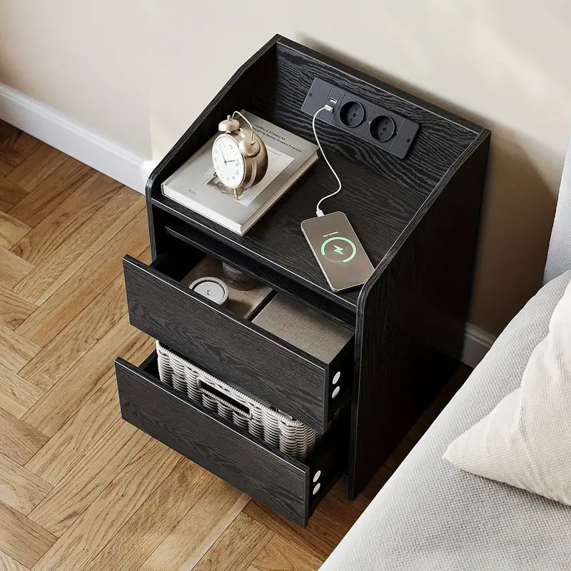 Modern LED Nightstand with Built-In Power Outlets – 2-Drawer Bedside Table with Charging Station & Ambient Light